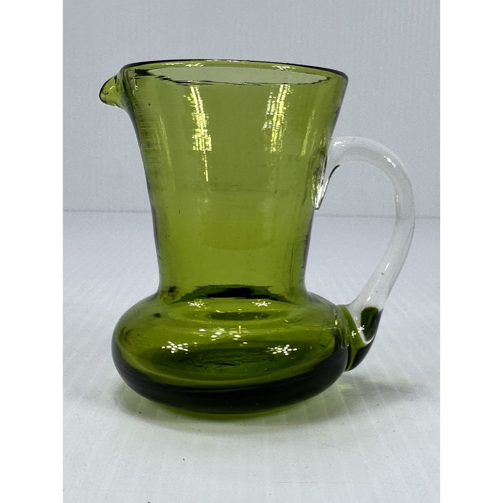Vintage Hand Blown Olive Green Art Glass Pitcher Clear Applied Handle 4" MCM